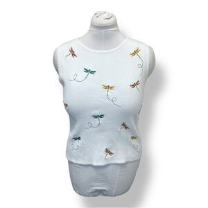 Eagle’s Eye Women’s Sleeveless Knit Top VTG 90s Dragonfly Embroidery White M